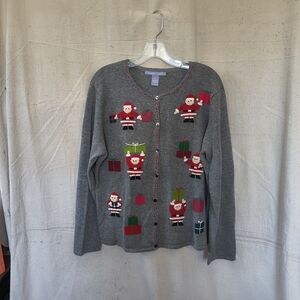 Carol Reed Women's XL Gray Cardigan Christmas Santa Pattern Button Up  Sweater